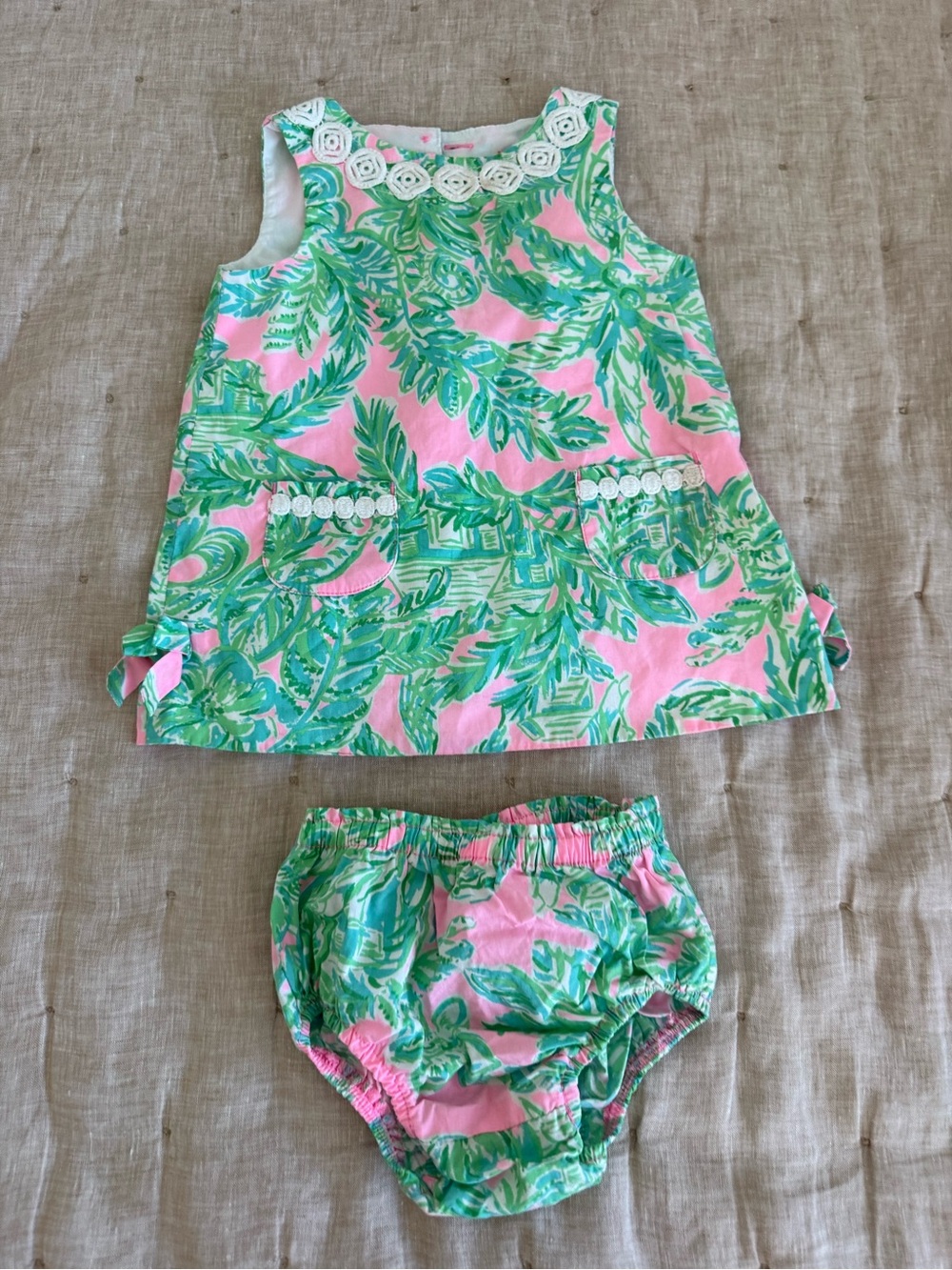 Lilly Pulitzer Pink and Green Palm Print Shift Dress Set Size 12-18 months